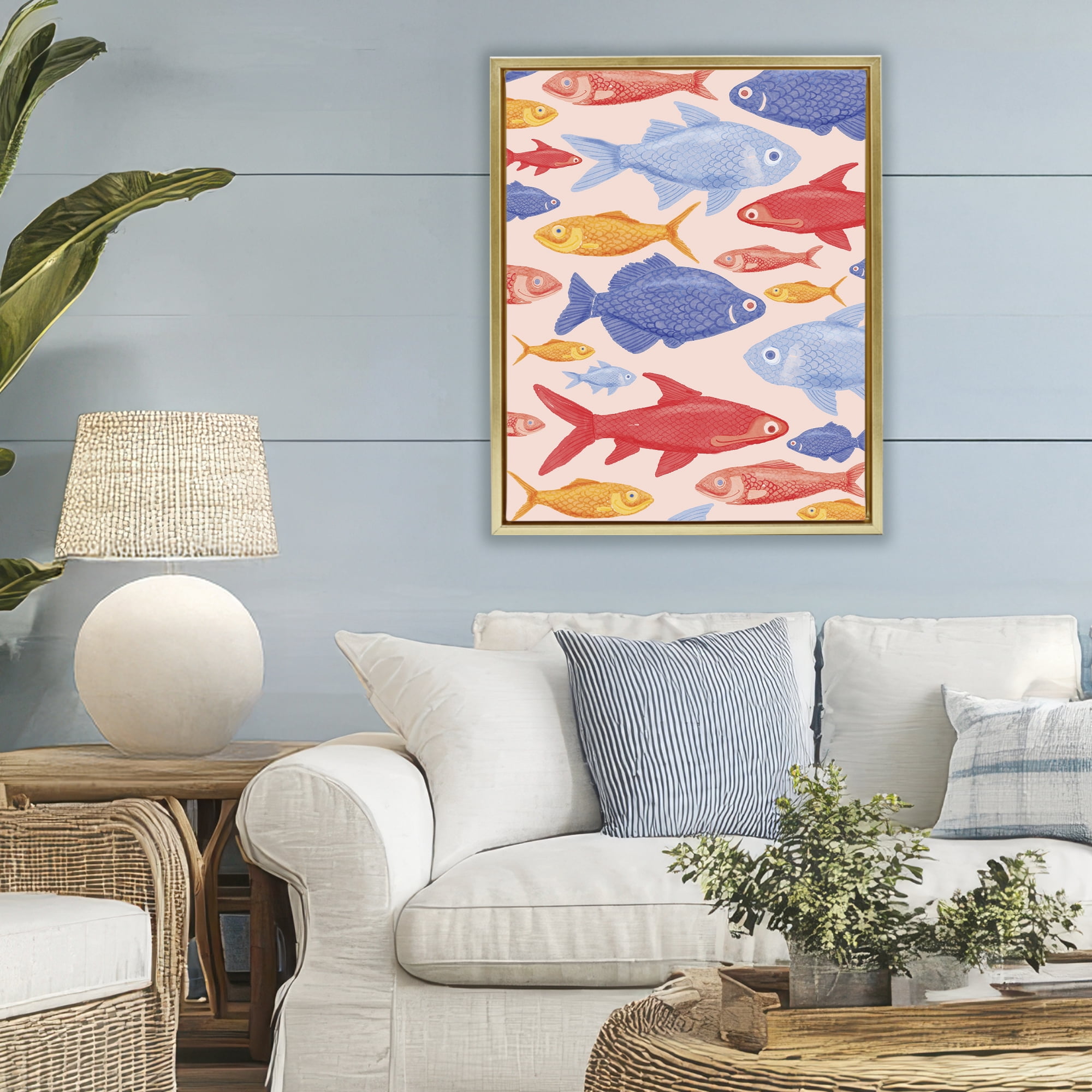 Stupell Industries Red Yellow and Blue Fish Gold Framed Floater Canvas Wall Art, design by The Paper Curator