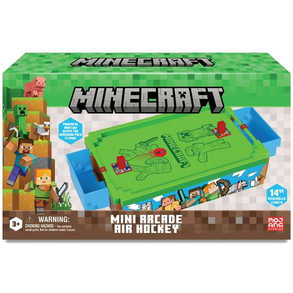 Minecraft: Mini Arcade Air Hockey - Overworld - 14" Motorized Tabletop Game, Iconic Sounds, Customizable Pushers, Licensed, Adults- Kids 3 , 2 Players