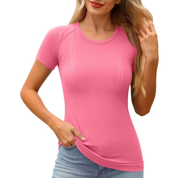 Ruimatai Women's Seamless Workout Short Sleeve Tops Slim Fit Athletic T-Shirts for Yoga Running