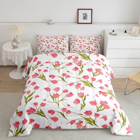 Erosebridal Pink Tulip Bedding Sets Twin with Comforter, Cartoon Floral Duvet Insert, Spring Flower Decor, Microfiber 2 Pieces