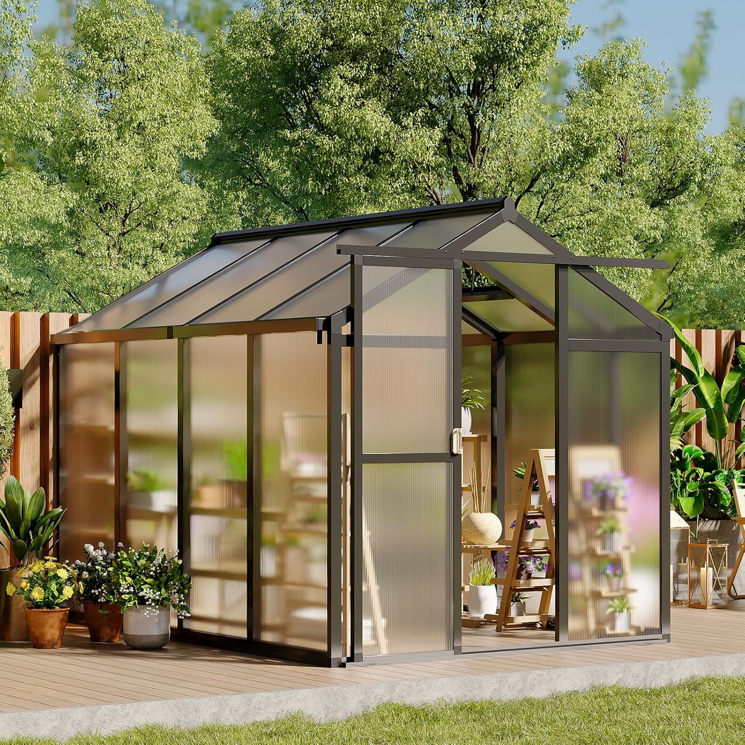6' x 8' Walk-in Greenhouse with Roof Vent,Heavy Polycarbonate Aluminum Greenhouse for Winter Garden,Backyard,Patio,Lawn,Easy Assembly