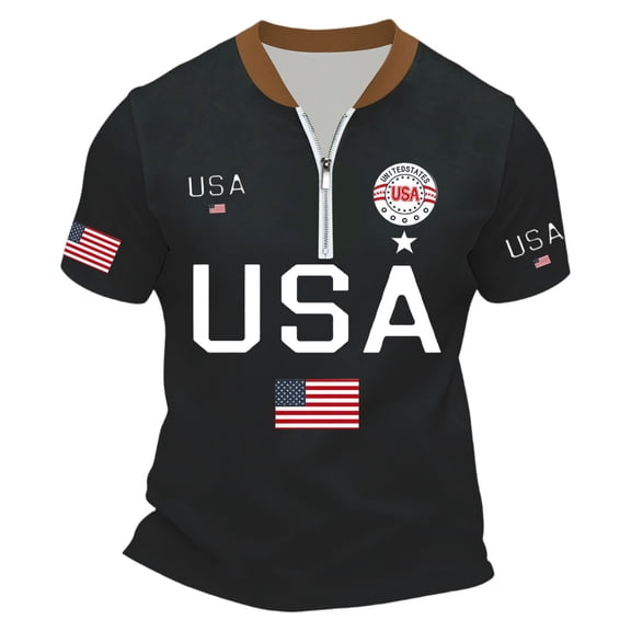 Laipiong 250th Anniversary USA Shirts for Men Stand Collar and Half Zip Athletic Short Sleeve V Neck Tee Tops Soft Going Out Workout Gym Tops