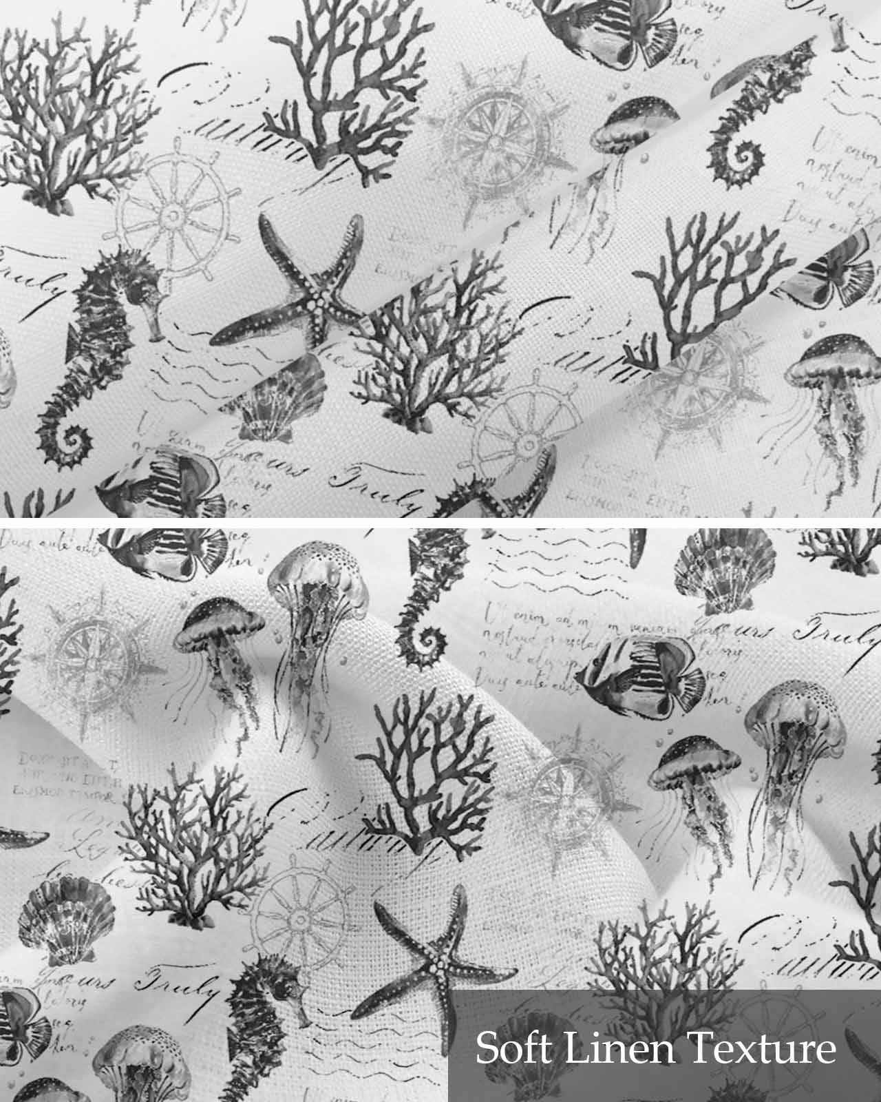 Gray Coastal Kitchen Valances for Windows Farmhouse Linen Window Valance Curtain for Living Room Window Treatment Retro Nautical Starfish Coral Jellyfish Valance Rod Pocket Topper Drape, 42 x 18 Inch
