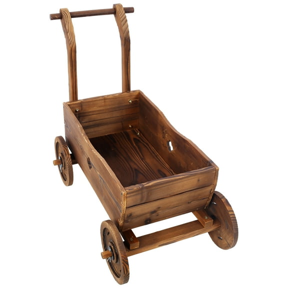 CQSXDA Mobile Wooden Wagon Planter Box with 4 Wheels, Rustic Brown Design for Indoor & Outdoor Garden Decor