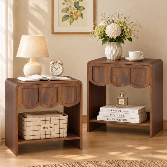 Wirrytor Farmhouse Walnut Fluted Nightstands Set of 2, Mid-Century Chic End Table with Drawer and Open Shelf Storage, Curved Edge Bedside Table for Bedroom Living Room