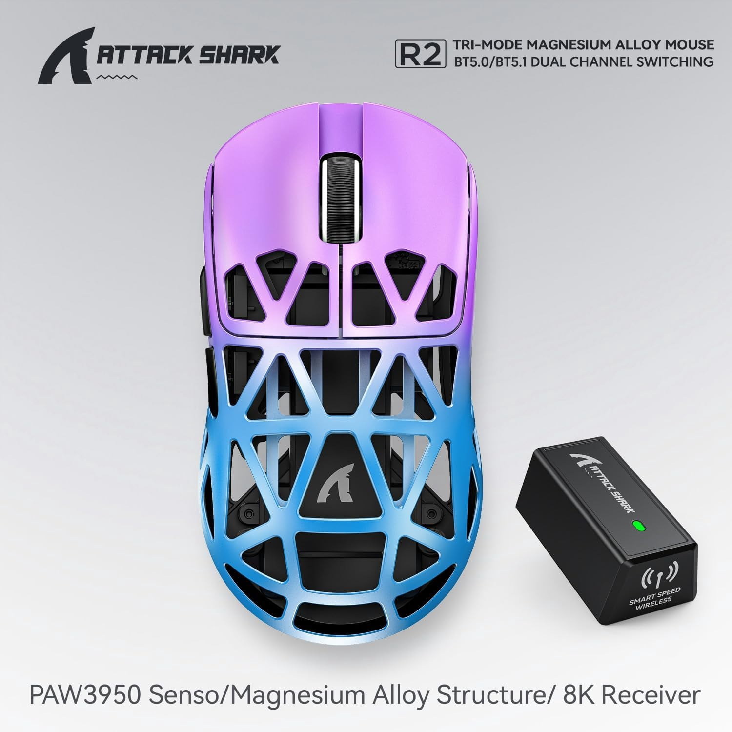 ATTACK SHARK R2 Wireless 8K Magnesium Alloy Mouse, PixArt PAW3950 Gaming Sensor, 48g SUPERLIGHT Mouse, BT/2.4G/Wired Gaming Mouse, Adjustable DPI 42000, Office Mice for Win11/Xbox/PS/Mac -Purple