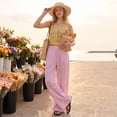 thumbnail image 5 of Women's Pinstripe Linen Palazzo Pants Elastic Drawstring High Waist Flowy Wide Leg Loose Summer Beach Trousers With Pockets Pink L, 5 of 6