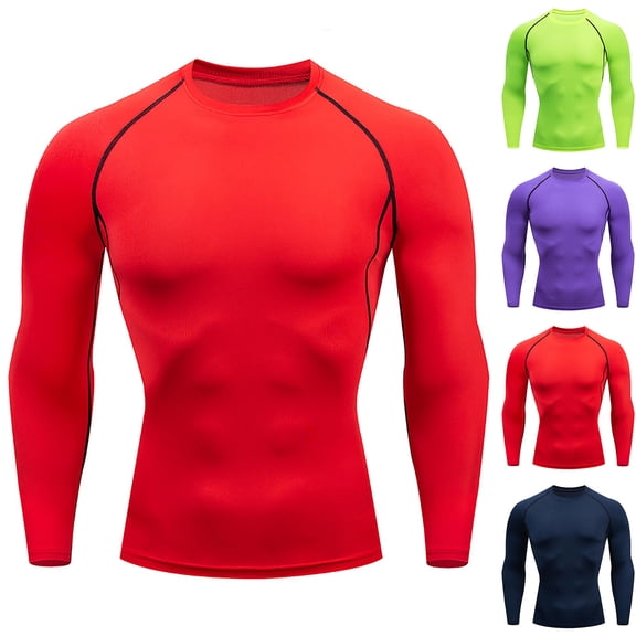 SHenli Men's Athletic Long Sleeve Compression Shirt Performance Thermal Workout Top for Gym Running Sports Red XXXL