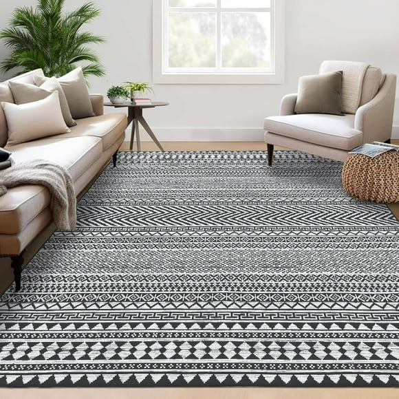Twister.CK Washable 8' x 10' Vintage Striped Area Rug, Soft Living Room Rug Stain Resistant Indoor Carpet Non Slip Low Pile Floor Cover for Bedroom Dining Room, Black