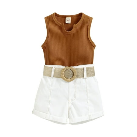

Bagilaanoe Toddler Baby Girls Summer Shorts Sets Ribbed Sleeveless Tops Shorts with Belt Daily Wear