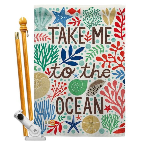 Breeze Decor BD-NA-HS-107066-IP-BO-D-US18-WA 28 x 40 in. Take Me to the Ocean Coastal Nautical Impressions Decorative Vertical Double Sided House Flag Set & Pole Bracket Hardware