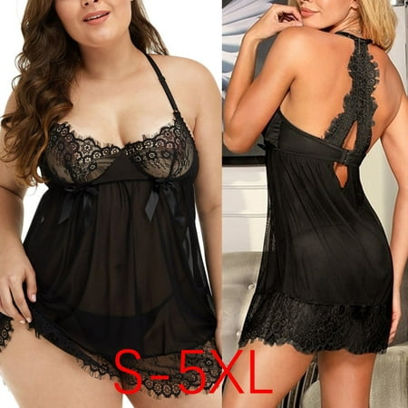 

Aayomet Womens Plus Size Lingerie Lace Chemise Mesh Sleepwear Deep V Teddy nightgowns Black XXL