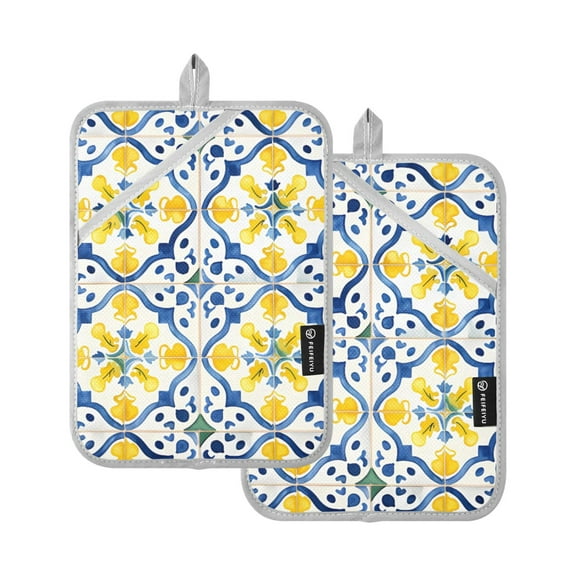 ALAZA Bohomia Blue and Yellow Pot Holders Set of 2 Heat Resistant Kitchen Oven Mitts