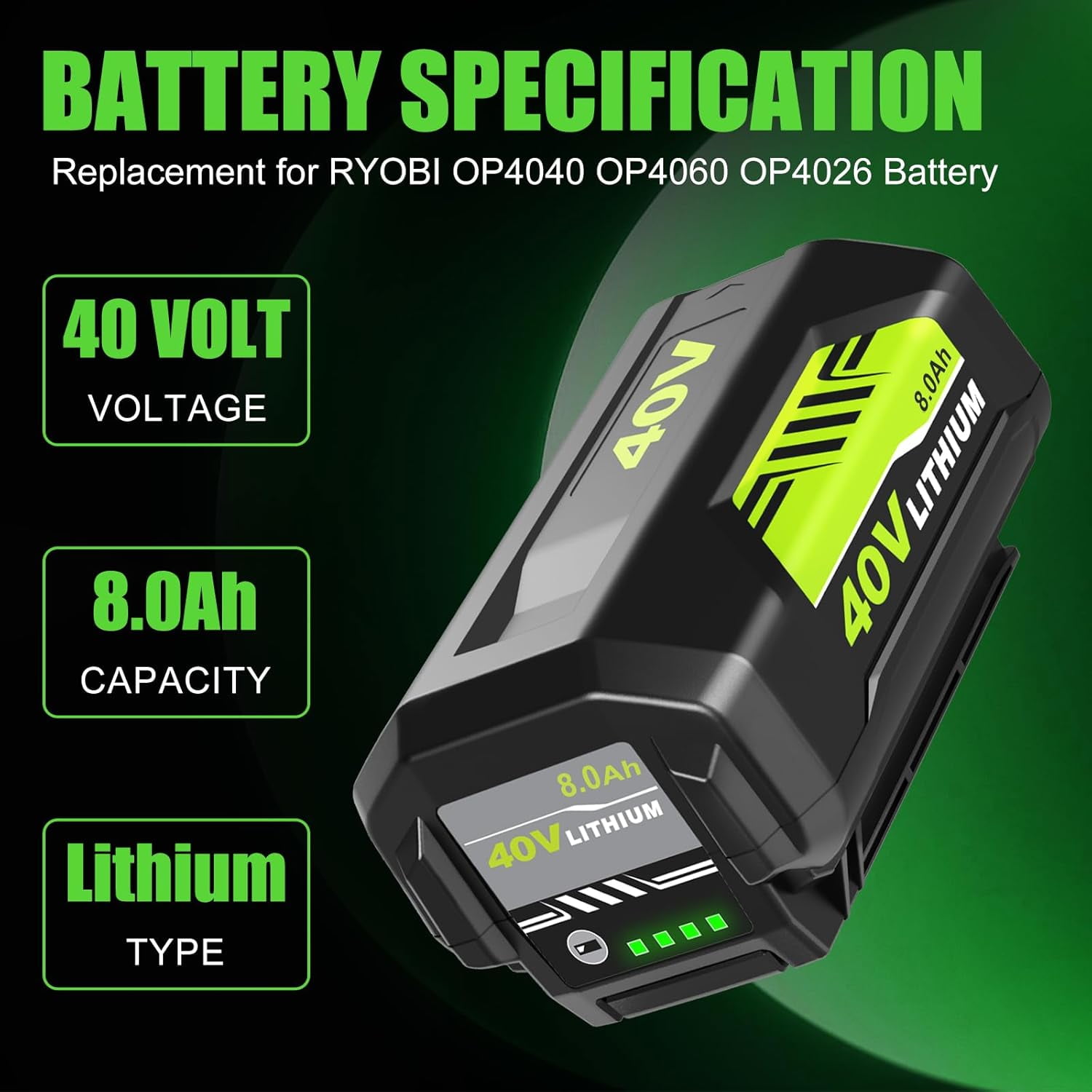4Pack 40v 8.0Ah OP4026A Replacement for Ryobi 40V Battery Compatible with Ryobi 40 Volt Battery Lithium OP4015 OP4040 OP40201 OP4050A OP4015 OP40261 OP4030 OP40401 OP4060 Power Tools