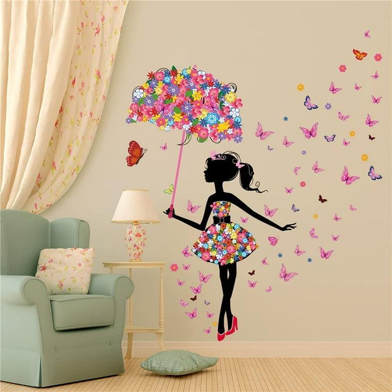 Flower Fairy Wall Decal Girl with Umbrella Wall Sticker Colorful Butterfly  Floral Wall Decor DIY Vinyl Mural Art for Girls Baby Nursery Bedroom Living  Room Playroom - - 