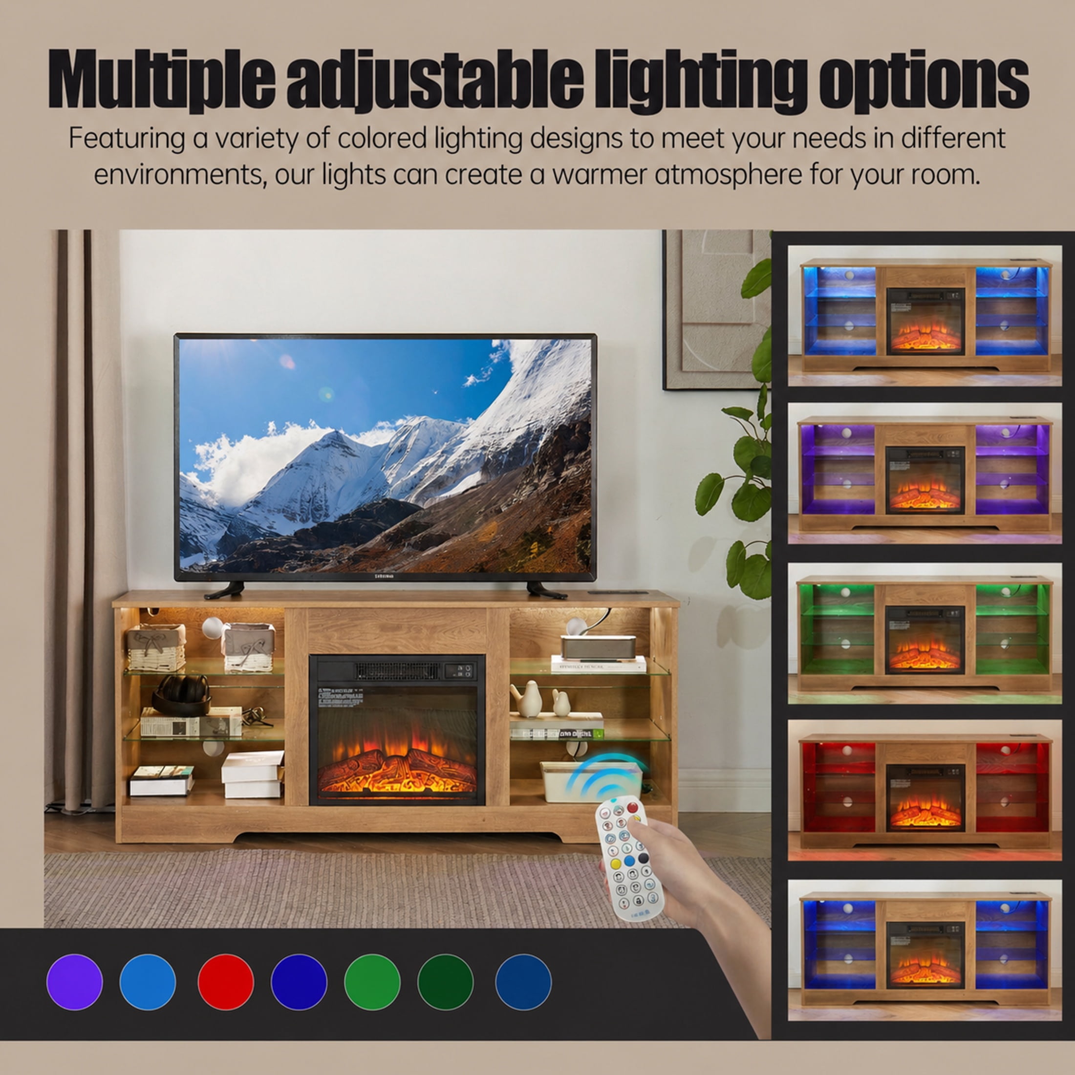 SESSLIFE Fireplace TV Stand, 58" LED Light Entertainment Center with Adjustable Flame Fireplace, Power Outlets & Shelves, Remote & App Control, TV Stand with Fireplace for Living Room, Oak