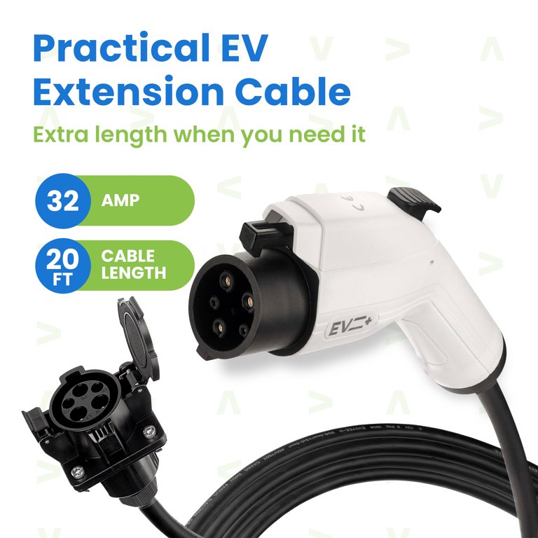 EV Charge+ Level 2 EV Charging Extension Cable - 32 Amp 240 Volt SAE J1772  Extender - 20 Feet Extension Cord - Charging Cable EVSE Travel Case 
