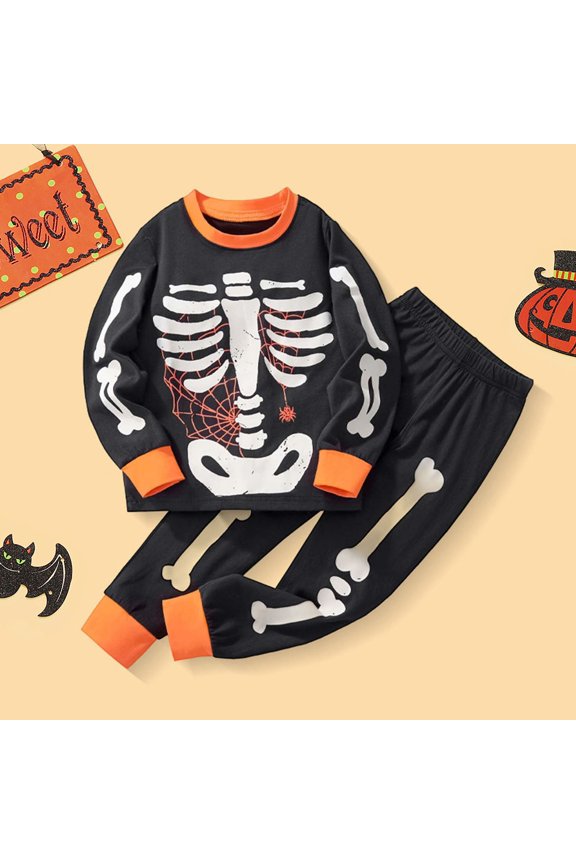 Boys Crewneck Sweatshirt And Pants 2 Piece Set Long Sleeve Halloween Luminous Skeleton Graphic Winter Warm Lounge Clothing Set