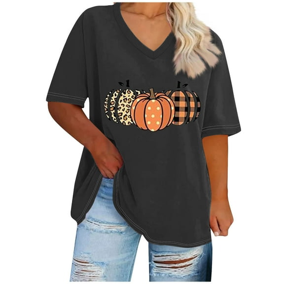 TKLPEHG Fall Shirts for Women V-Neck Plus Size Tops Cute Pumpkin Graphic Tee Thanksgiving Short Sleeve Tshirts (Dark Gray,XXXXXL)