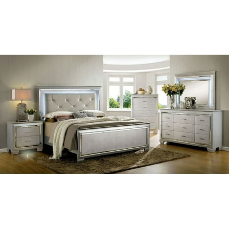 3pc California King Size Bed W LED Nightstand Chest Luxurious Bedroom Furniture Silver Solid wood Tufted Leatherette