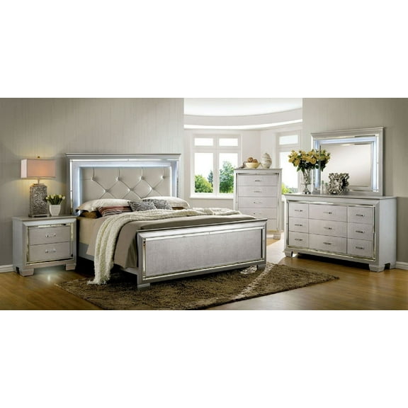 3pc California King Size Bed W LED Nightstand Chest Luxurious Bedroom Furniture Silver Solid wood Tufted Leatherette