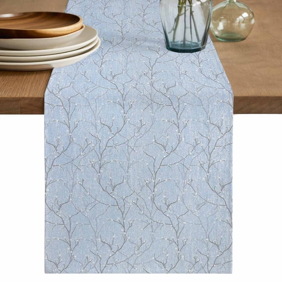 Blue Branches Table Runner, Vintage Art Farmhouse Washable Cotton Linen Table Runners 48 Inches Long, Dresser Scarf Runner for Nightstand/Coffee/End Tables 13''x48''