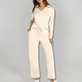 thumbnail image 3 of HAPIMO Womens 2 Piece Outfits Long Sleeve Lapel V Neck Tops Wide Leg Pants Set Casual Tracksuits Pockets Tracksuits Beige L, 3 of 8