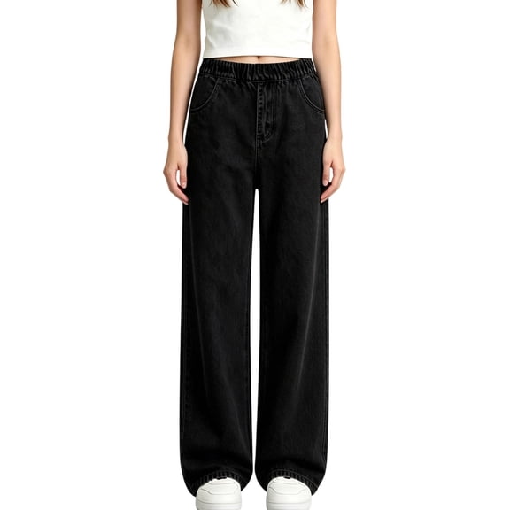 Plebaso Girls Boys Casual Straight Leg Jeans High Elastic Waist Stretch Pants Comfortable Fashion Denim Pants