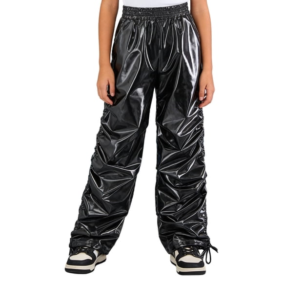 Raenseen Kids Boys Girls Shiny Metallic Pants Joggers Sweatpants Jazz Hip-hop Dance Pants Black 8
