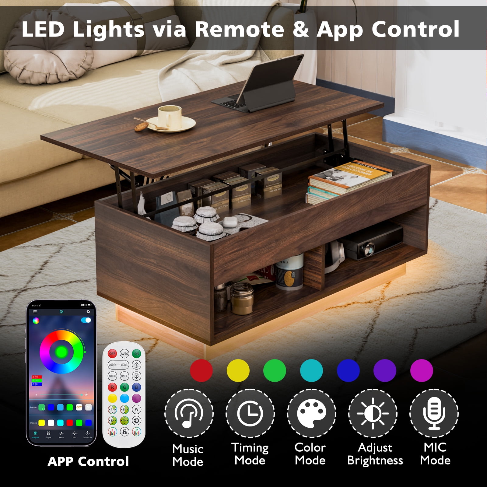 Hommpa Lift Top Coffee Table with Hidden Compartment LED Coffee Tables Dark Walnut Center Rising Cocktail Table for Living Room Accent Furniture