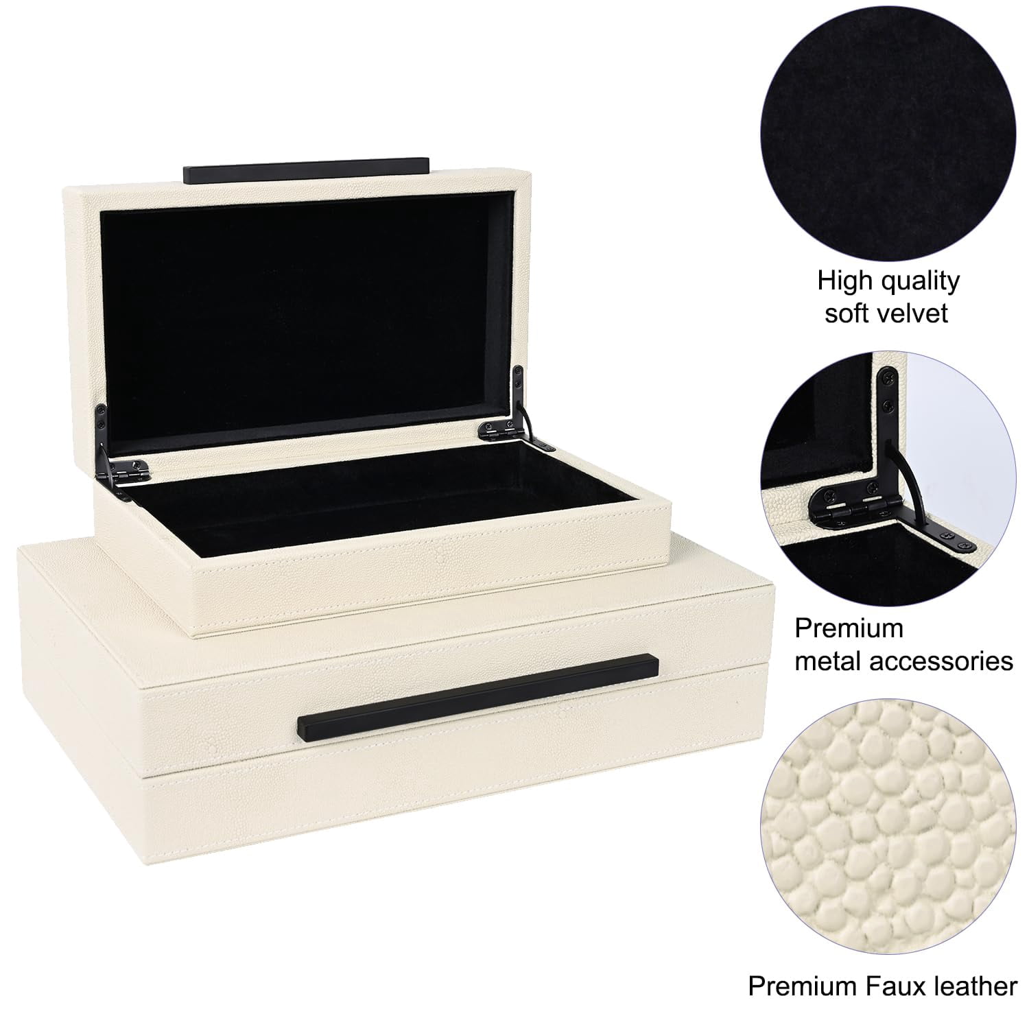 Beige Shagreen Decorative Storage Boxes - Set Of 2 Faux Leather & Memory With Black Metal Handles  Nesting Photo Organizers For Home Decor Gift And Office Organization