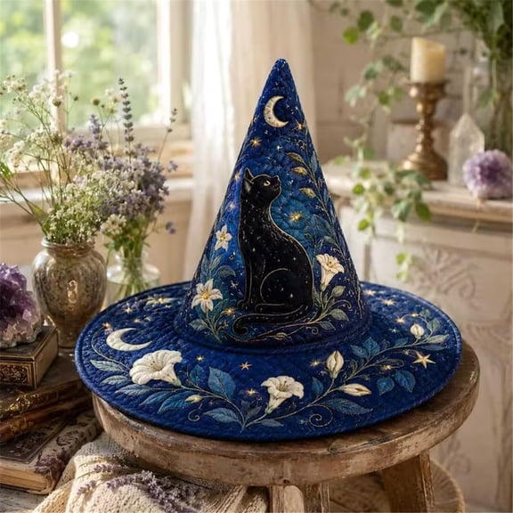 Quilted Witch Hat, Foldable Pointed Costume Hat for Halloween Theme Party