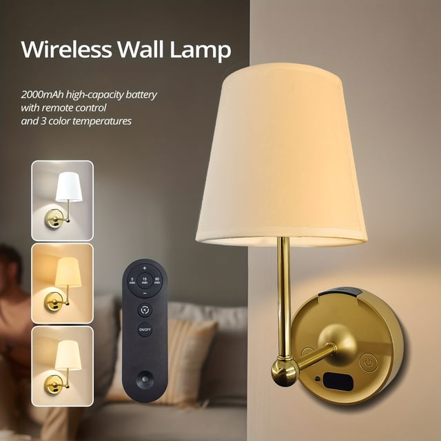 Wireless wall light with a gold base and white fabric shade, featuring a rechargeable 2000mAh battery. Includes a remote control with timer settings and three adjustable color temperatures. The light is dimmable and USB rechargeable, with an LED display on the base. Suitable for modern home lighting.