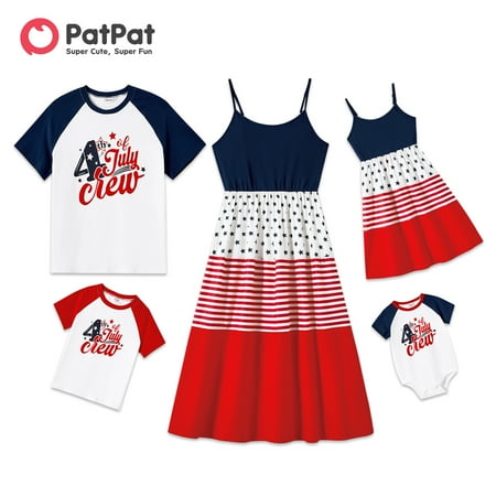 

PatPat Independence Day Family Matching Cotton Raglan Sleeve Letter Graphic T-shirts and Dots & Striped Print Naia™ Cami Dresses Sets