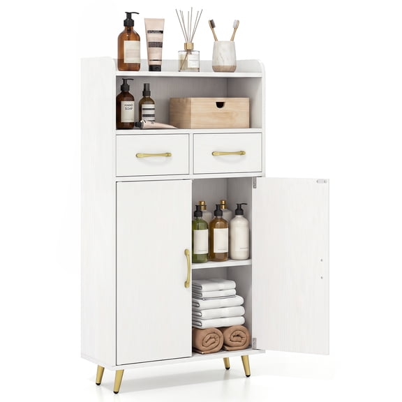 Costway Bathroom Storage Cabinet with 2 Drawers and 2 Doors, Adjustable Shelf & Metal Legs White