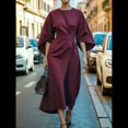 thumbnail image 2 of Vestido Elegante de Cóctel para Mujer, con Mangas Murciélago, Liso, Informal, Holgado, Fruncido, con Abertura, Midi y Cinturón. Vino Tinto L, 2 of 3