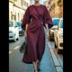 thumbnail image 2 of Vestido Elegante de Cóctel para Mujer, con Mangas Murciélago, Liso, Informal, Holgado, Fruncido, con Abertura, Midi y Cinturón. Vino Tinto L, 2 of 3