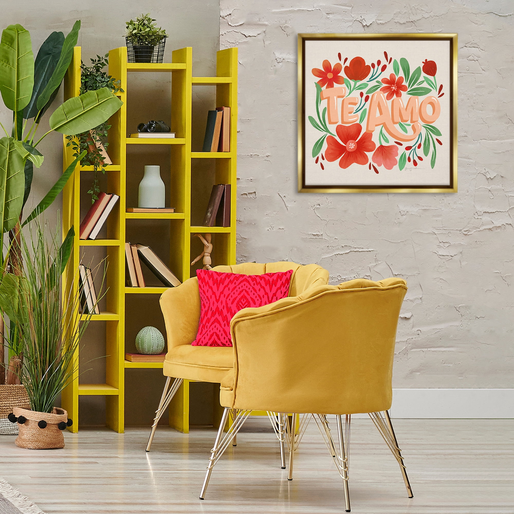 Stupell Industries Te Amo con Flores Rojas Floral & Botanical Painting Gold Floater Framed Art Print Wall Art, 25 x 25
