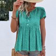 thumbnail image 3 of Camisas casuales holgadas de manga corta con cuello en V verde para mujer para citas y trabajo de verano Blusas con volantes florales, 3 of 6