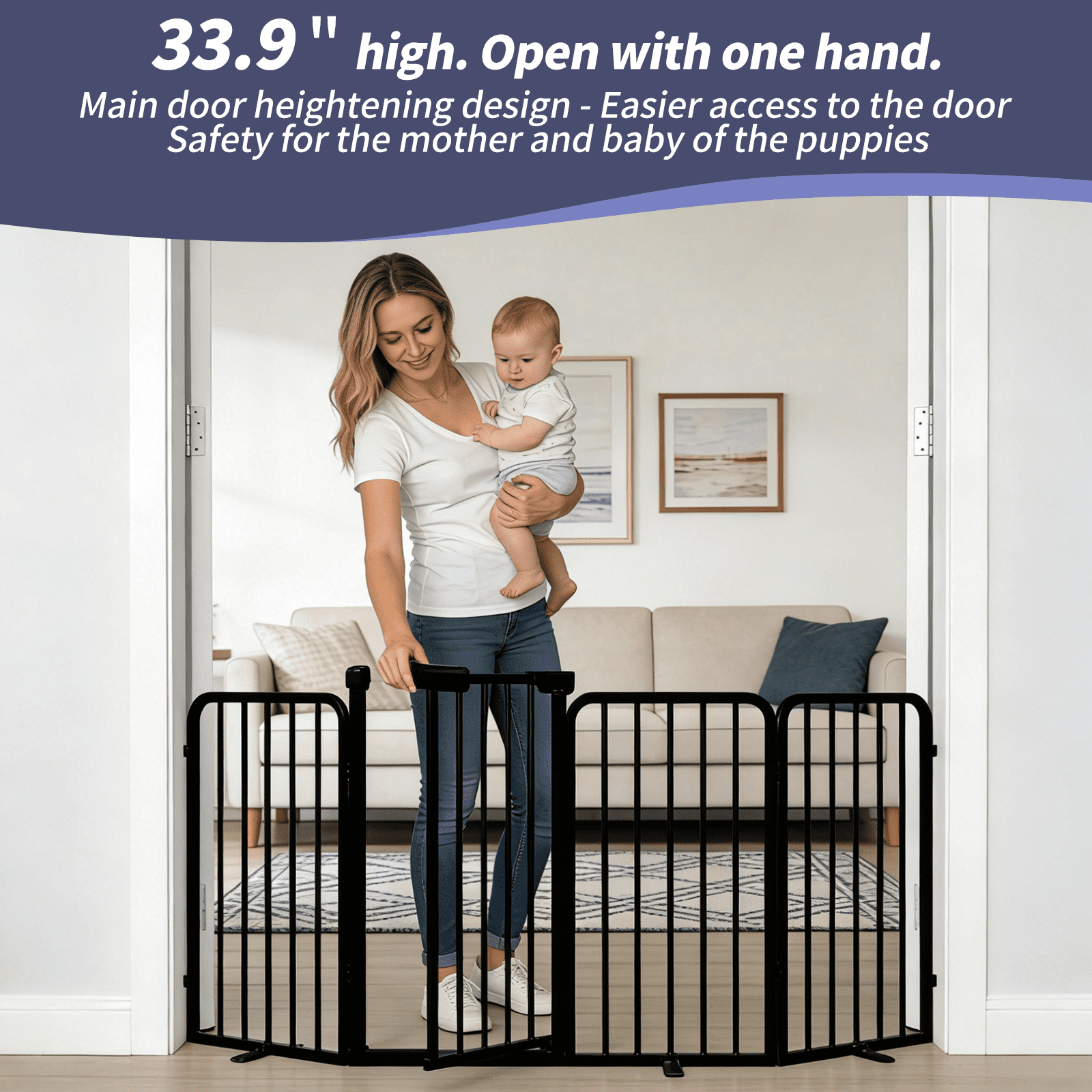 4-Panel Dog Gate with Door Freestanding Dual Lock Easy Open No Bend, 80in Adjustable for Doorway Stairs Metal