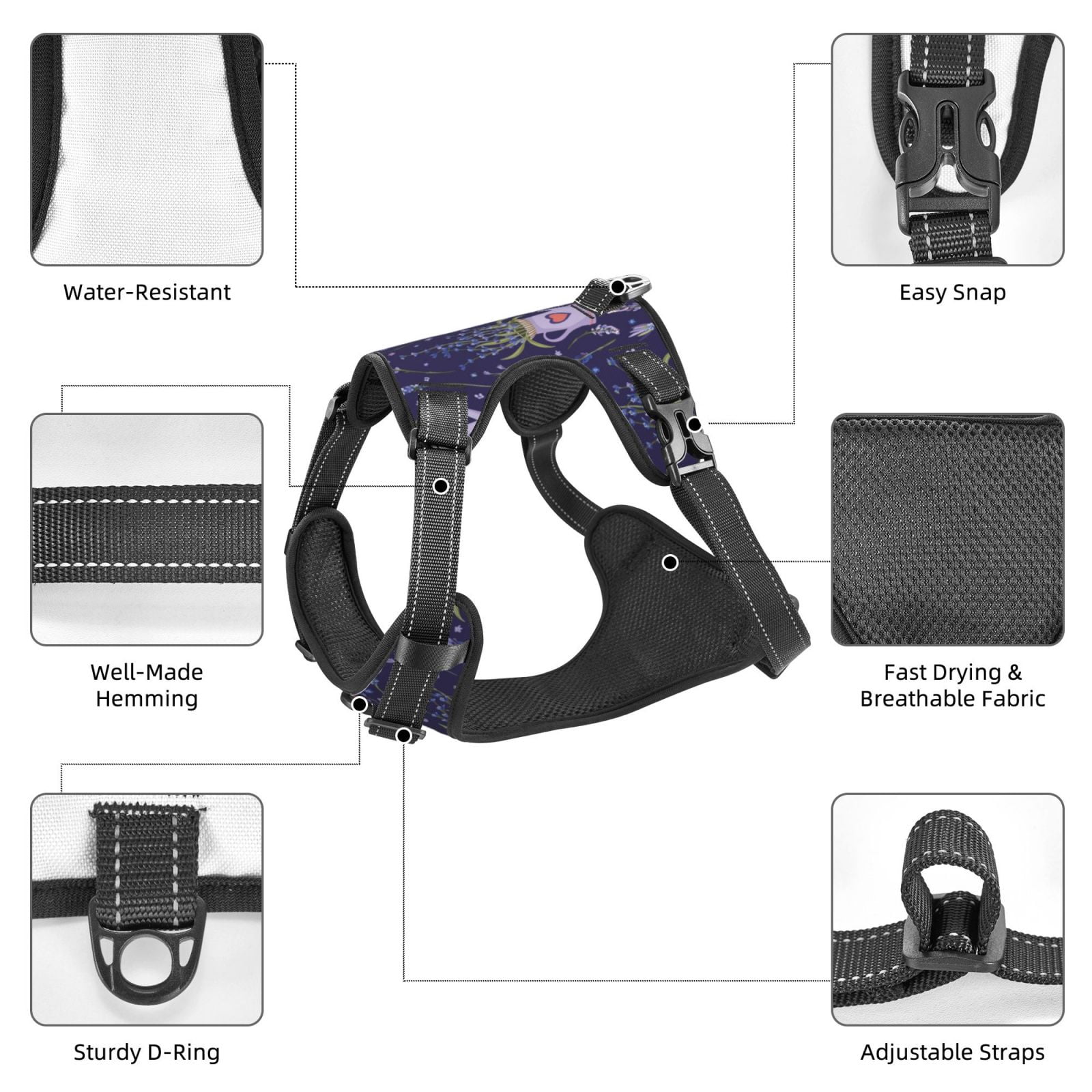 Kdxio Lavender Flowers Print No Pull Dog Harness Adjustable Reflective Oxford Easy Control Medium Large Dog Harness for Training and Everyday-Small