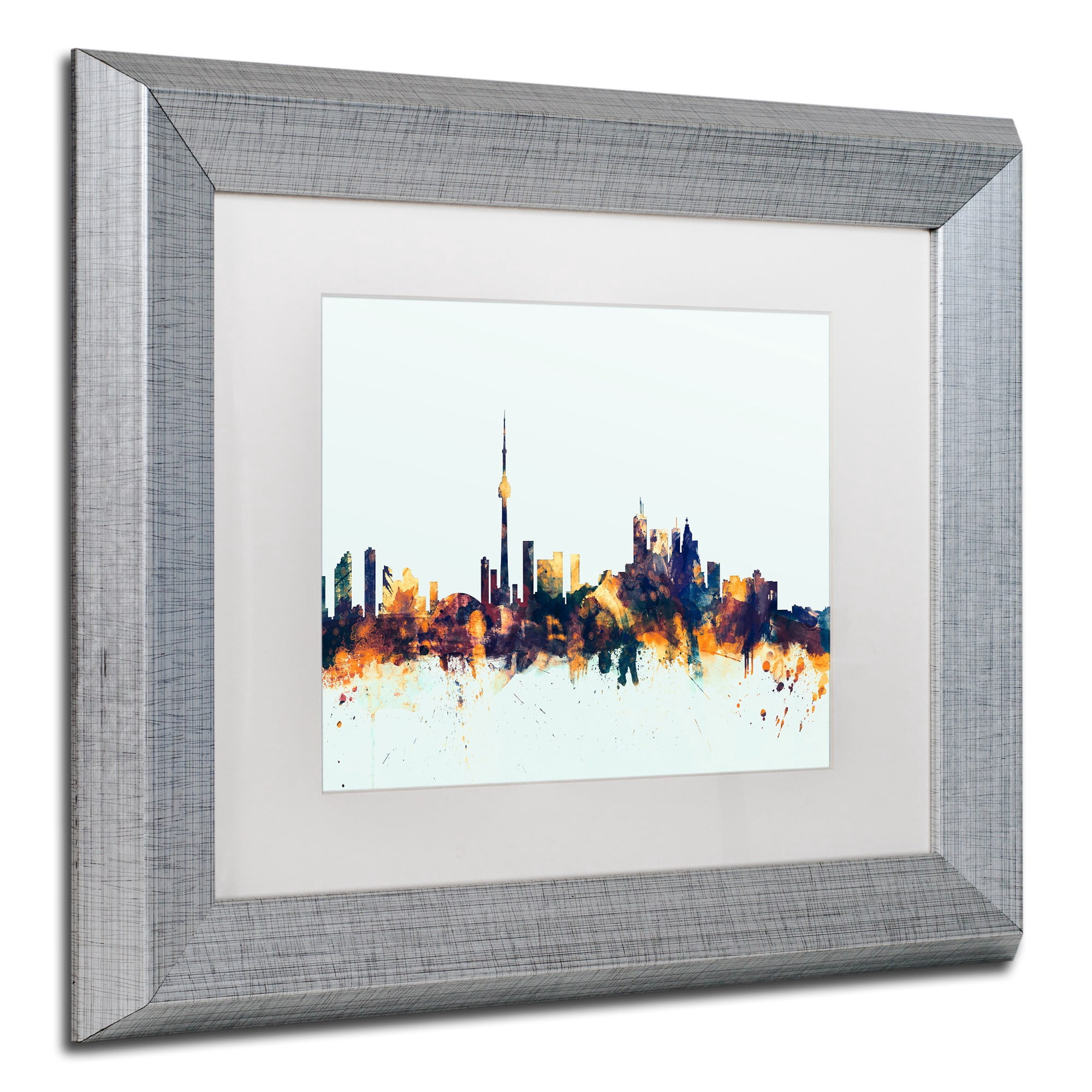 Trademark Fine Art "Toronto Canada Skyline Blue" Canvas Art by Michael Tompsett, White Matte, Silver Frame