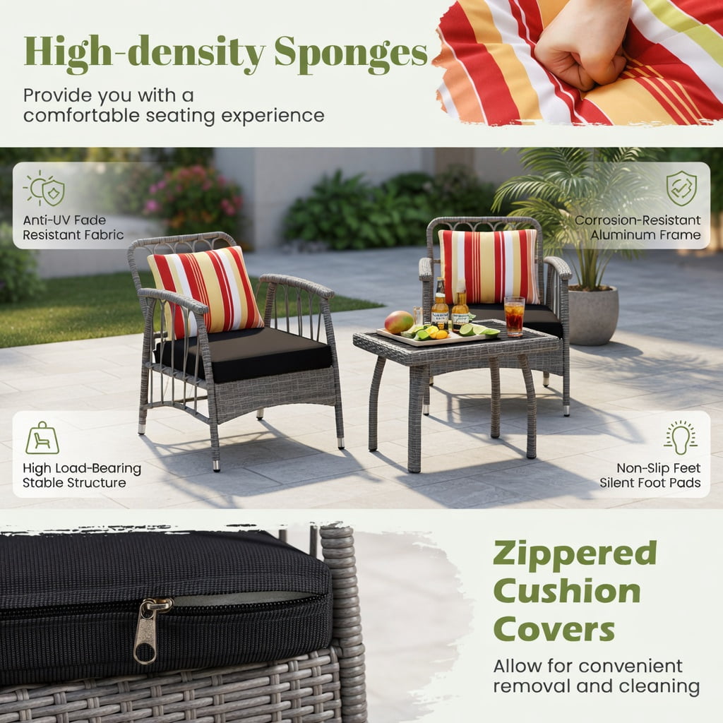 Hommoo 3-Piece PE Wicker Patio Furniture Set, Outdoor Chairs with 5-Position Adjustable Backrest & Square Coffee Table, All-Weather Garden Seating for Porch, Balcony, Backyard, Gray