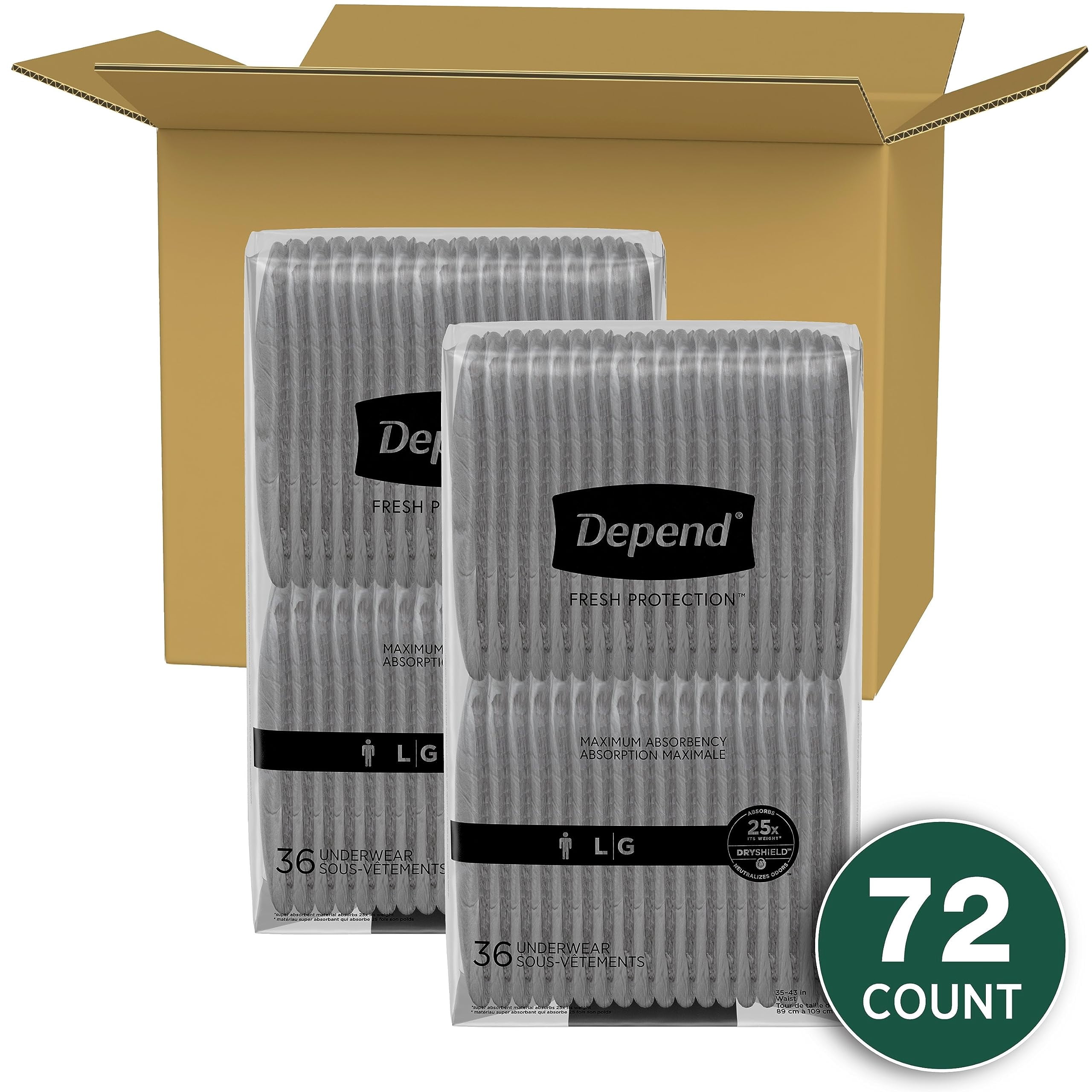 Depend Fresh Protection Adult Incontinence Underwear for Men Disposable Large Grey 72 Count (54203)