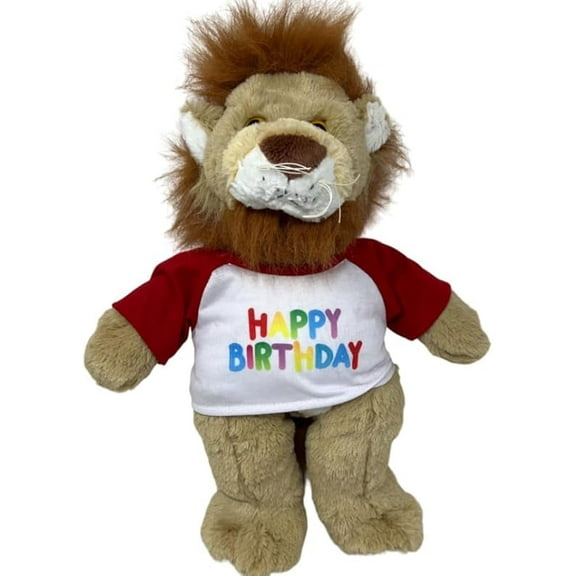 Leo the Lion Plush Toy In Happy Birthday T-Shirt with Red Sleeves - 16 inch Lion Stuffed Animal, Cute & Soft Cuddly Birthday Teddy Bear, Gift for Kids, Birthday Decor, Party Favor