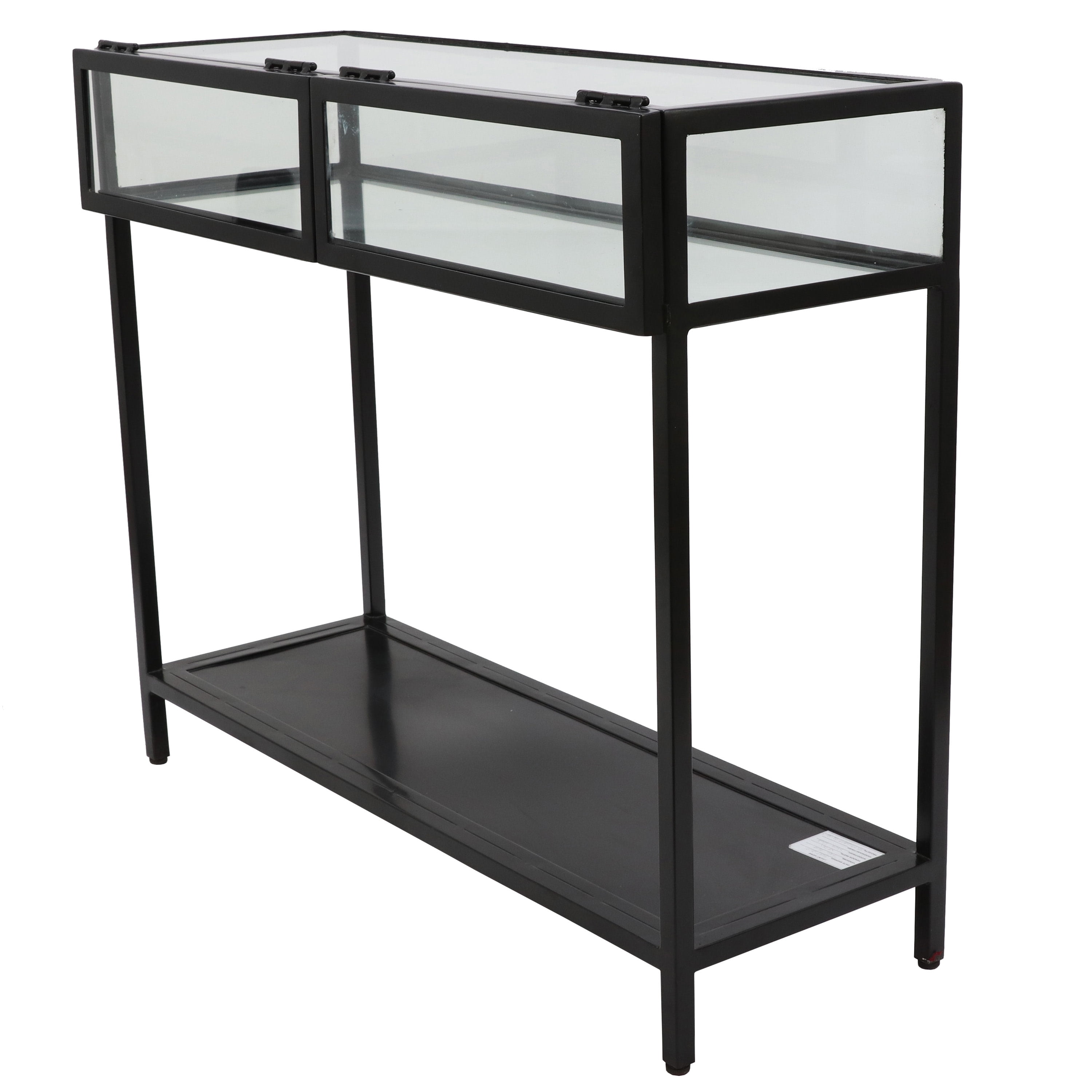 Claira Glass and Metal Console Table with Shelf, Black Finish