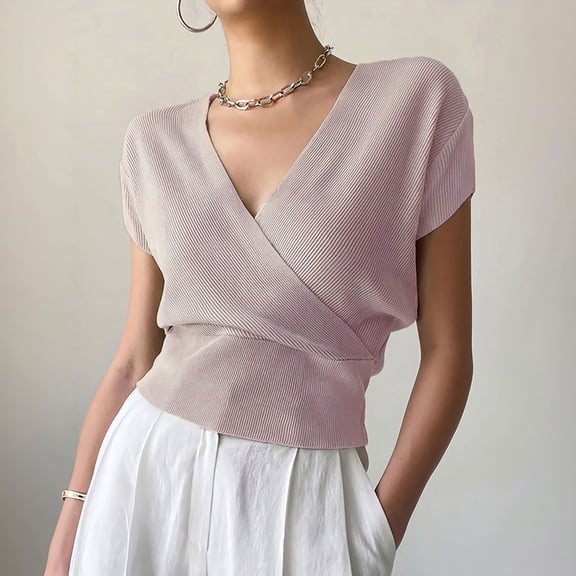 Women's V-Neck Wrap Short Sleeve Solid Color Cross Knit Sweater, L