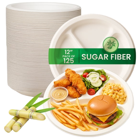 FPN Plates 4-Compartment 125 Pack Disposable Trays – Sugarcane Fiber, Biodegradable & Compostable, Paper Plates for Meals, Catering, School Lunch, Microwave & Freezer Safe