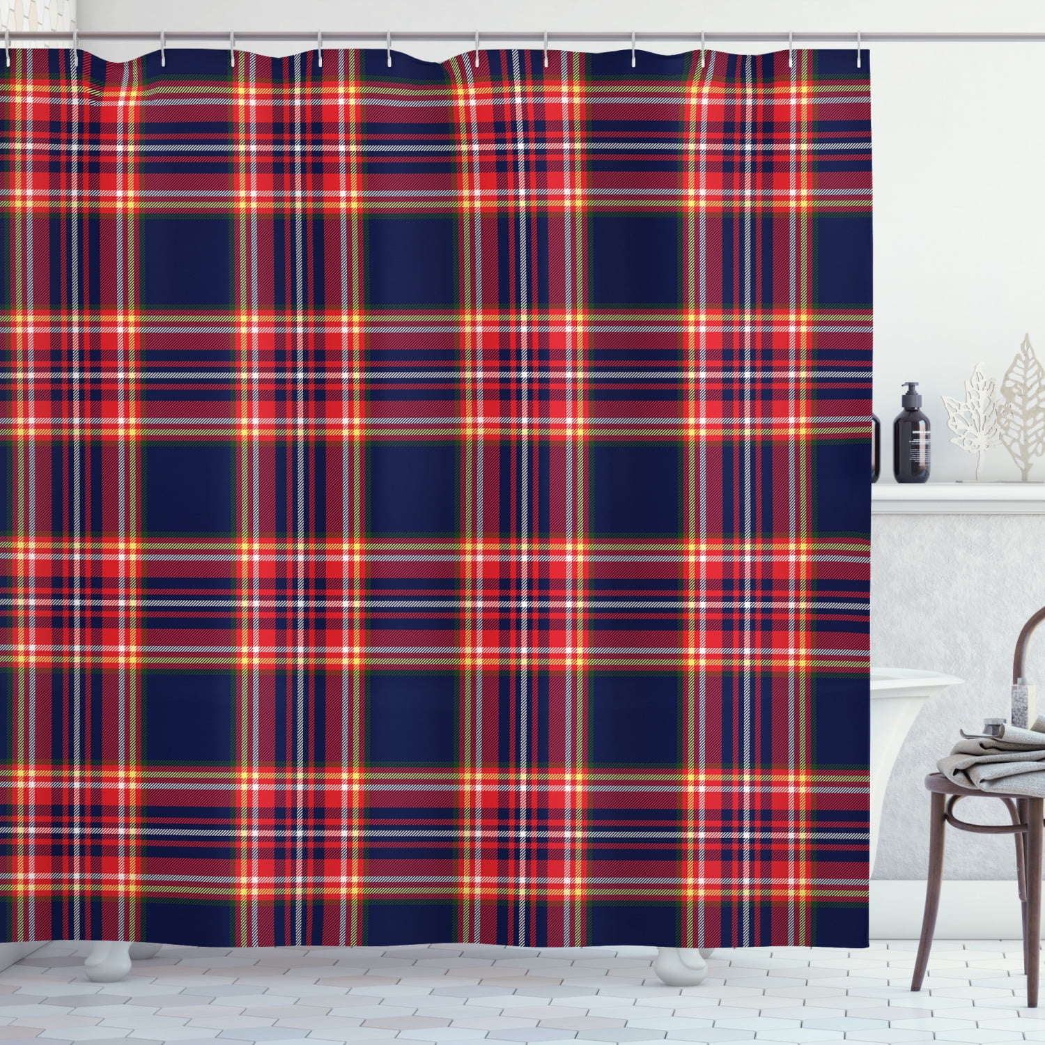 Red Plaid Shower Curtain, Patchwork Inspirations Lines and Squares