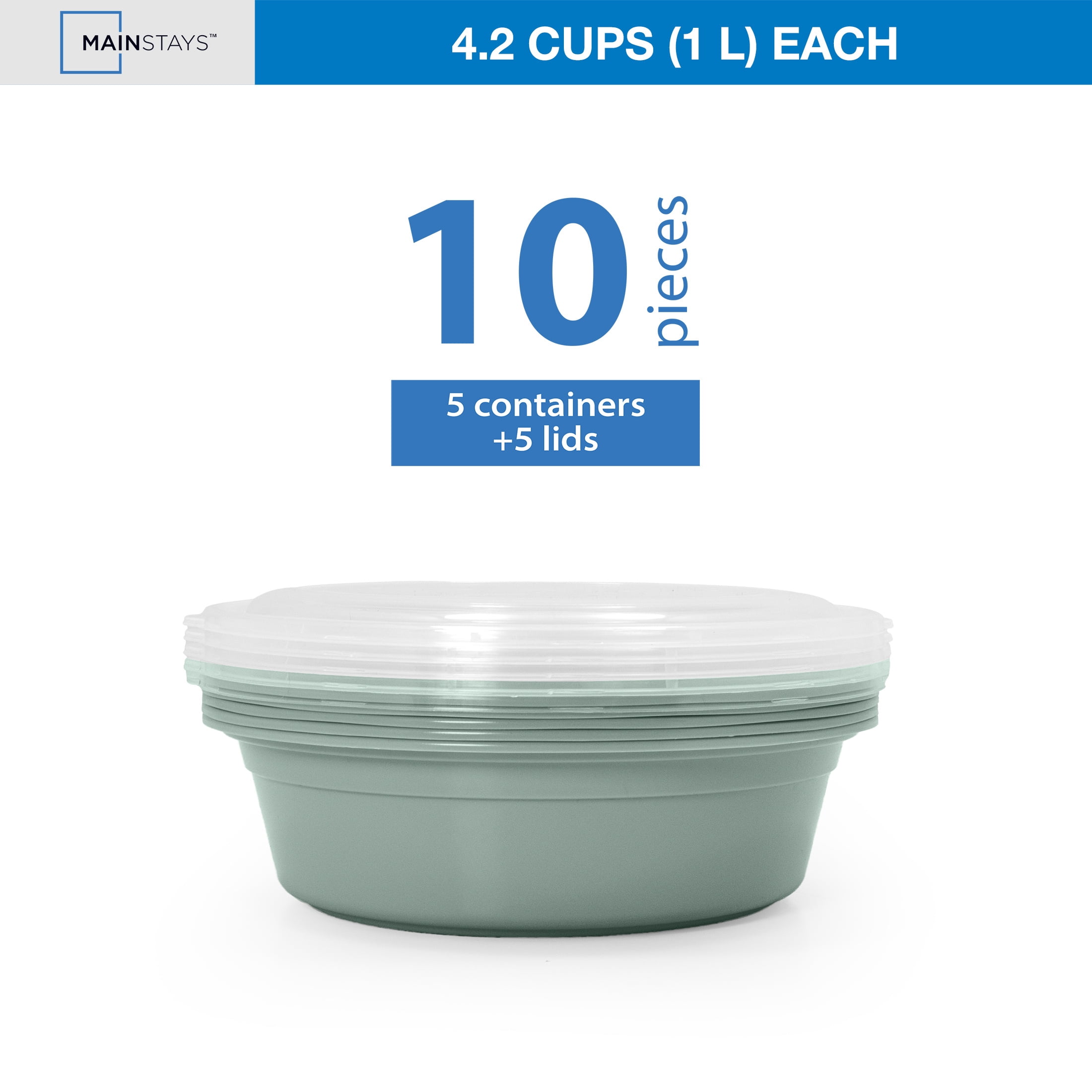 Mainstays 5-Pack Round Meal Prep Food Storage Containers, 1 L, BPA-Free Plastic, Green Sage
